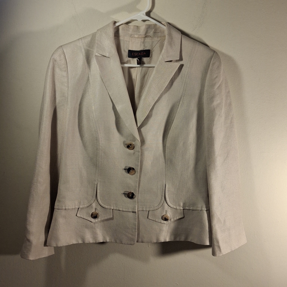 Escada Women's Light Beige Tweed Linen Blend Long Sleeve Blazer Size 40 EU 8 US